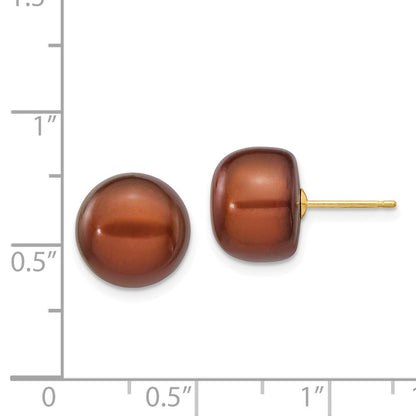 14k Yellow Gold 11-12mm Brown Button Freshwater Cultured Pearl Stud Earrings