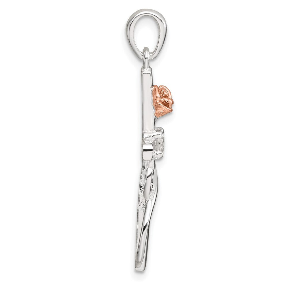 Sterling Silver Rose-tone Cubic Zirconia Cross with Rose Pendant