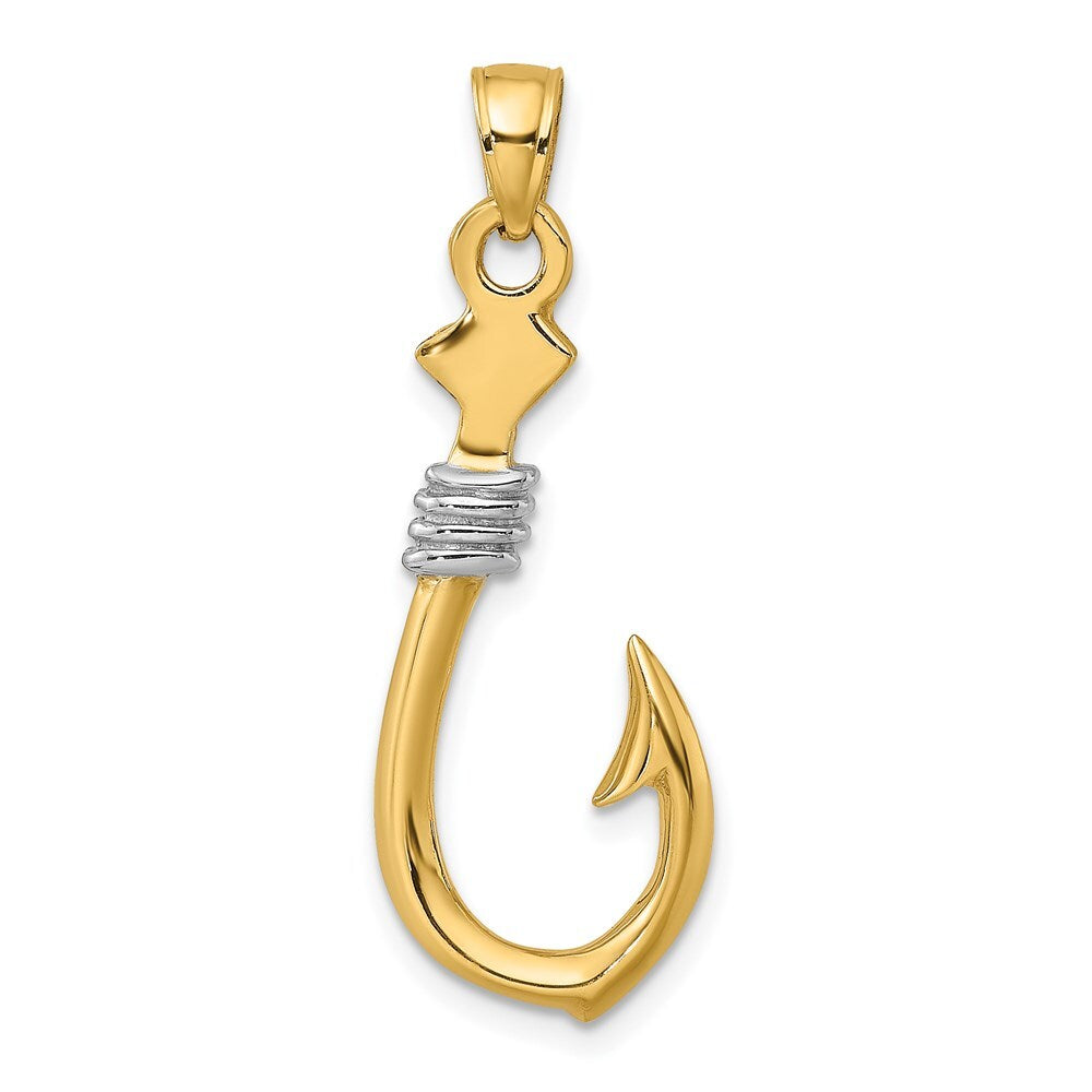 14k Yellow Gold Rhodium 3-D Fish Hook With Rope Charm