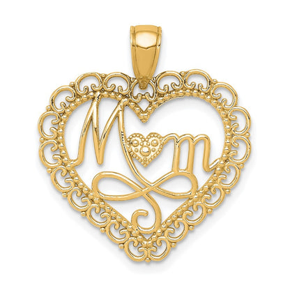 14k Yellow Gold Polished MOM Scallop Heart Pendant for Women