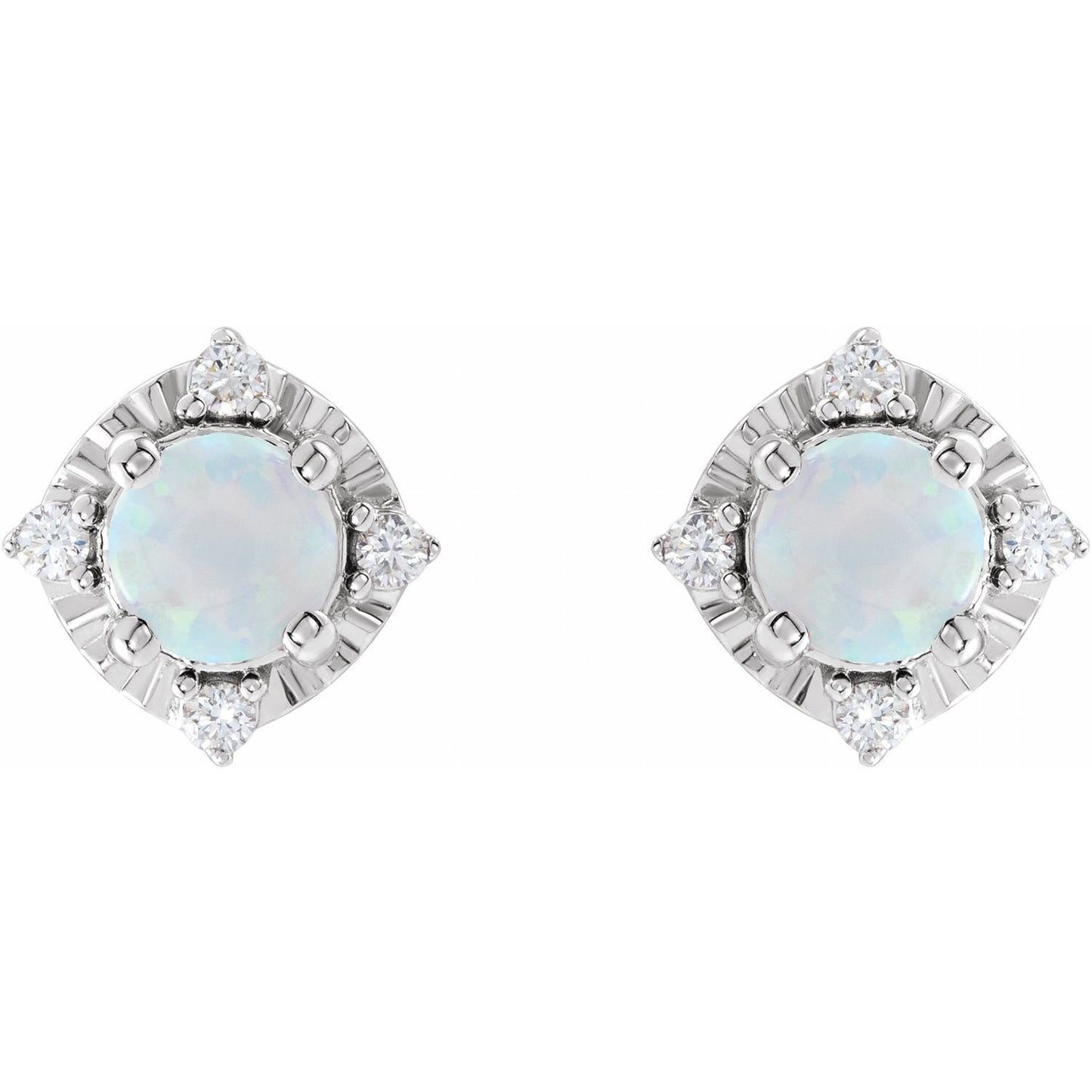 Sterling Silver Lab-Grown White Opal and .08Ct Diamond Halo-Style Stud Earrings