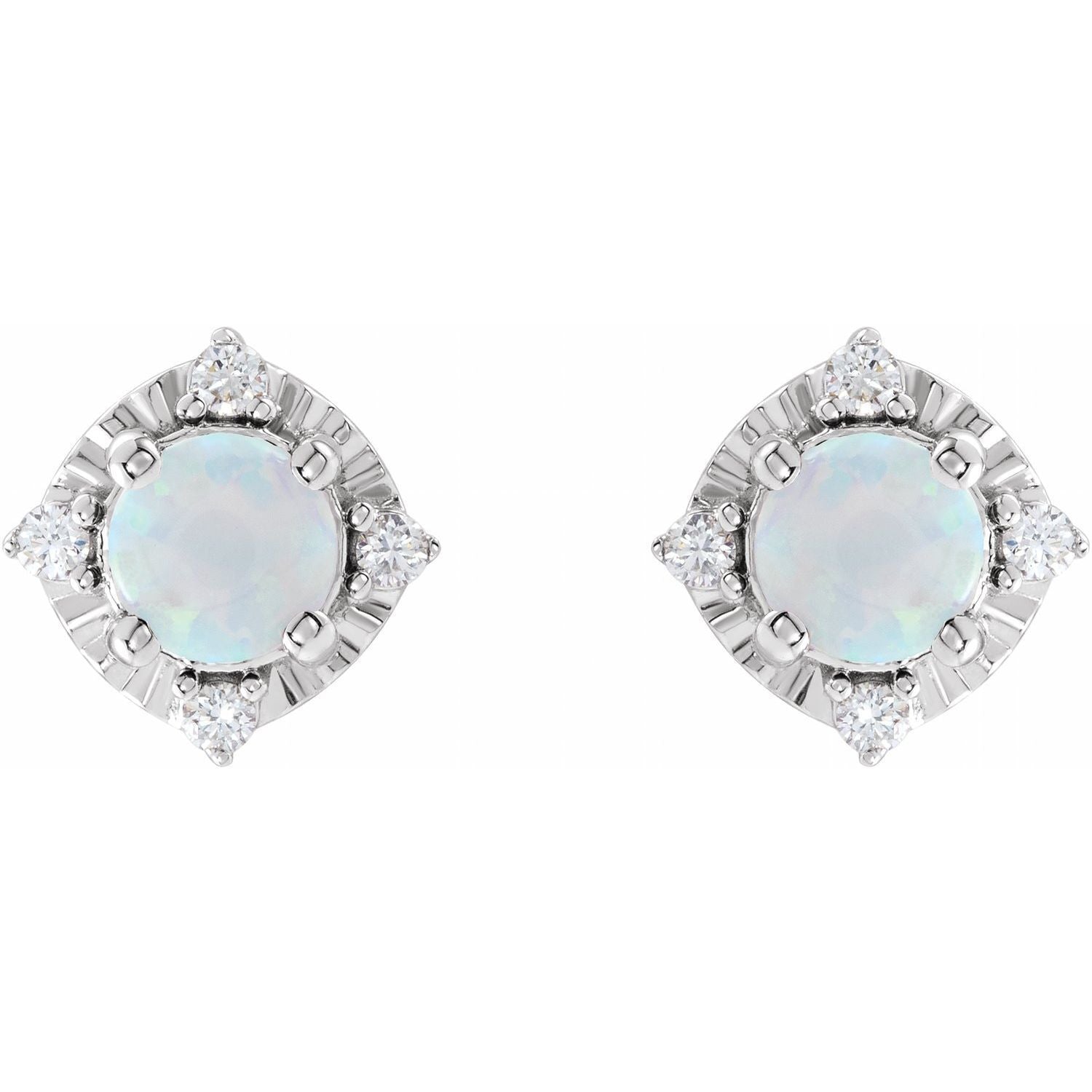 Sterling Silver Lab-Grown White Opal and .08Ct Diamond Halo-Style Stud Earrings