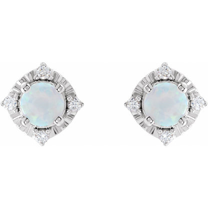 Sterling Silver Lab-Grown White Opal and .08Ct Diamond Halo-Style Stud Earrings