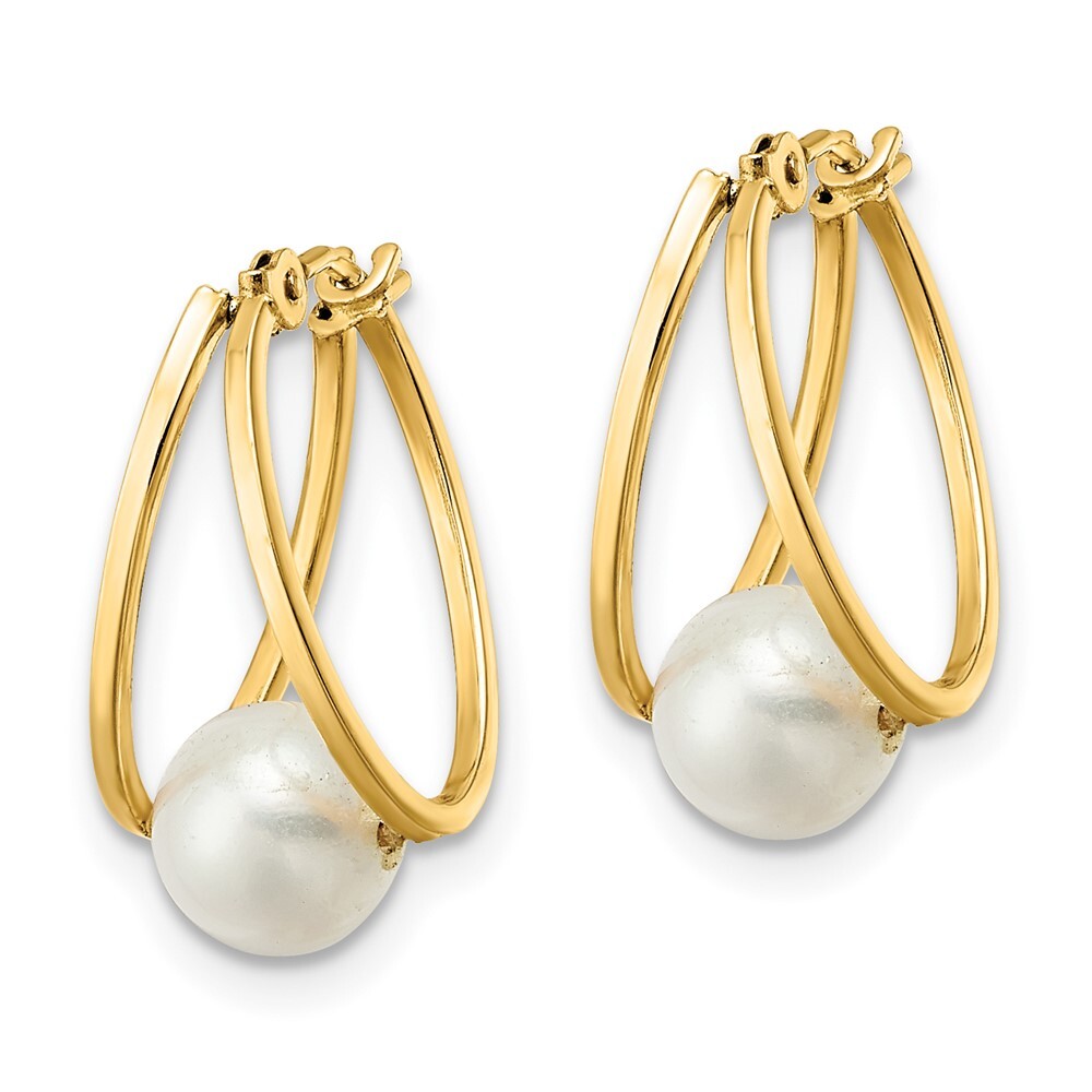 14k Yellow Gold Polished Freshwater Cultured Pearl Hoop Earrings Gift for Women
