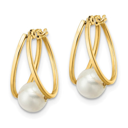 14k Yellow Gold Polished Freshwater Cultured Pearl Hoop Earrings Gift for Women