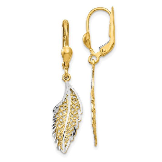 14k Yellow Gold and Rhodium Polished and Textured Leaf Drop Dangle Earrings