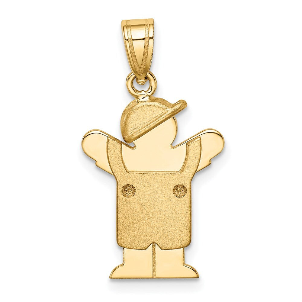14k Yellow Gold Solid Engravable Boy in Overalls with Hat on Left Charm Pendant