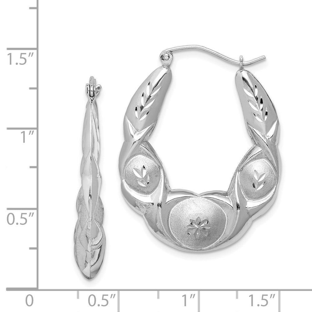 Sterling Silver Rhod-plated Satin & Diamond-cut Scalloped Oval Hoop Earrings