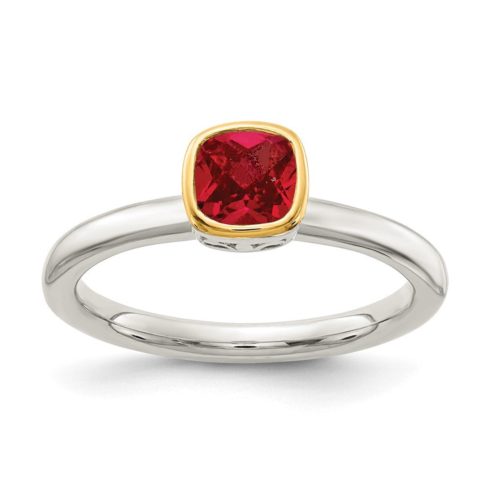 Sterling Silver Rhodium-plated with 14K Accent  Cushion-cut Created Ruby Ring
