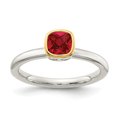 Sterling Silver Rhodium-plated with 14K Accent  Cushion-cut Created Ruby Ring