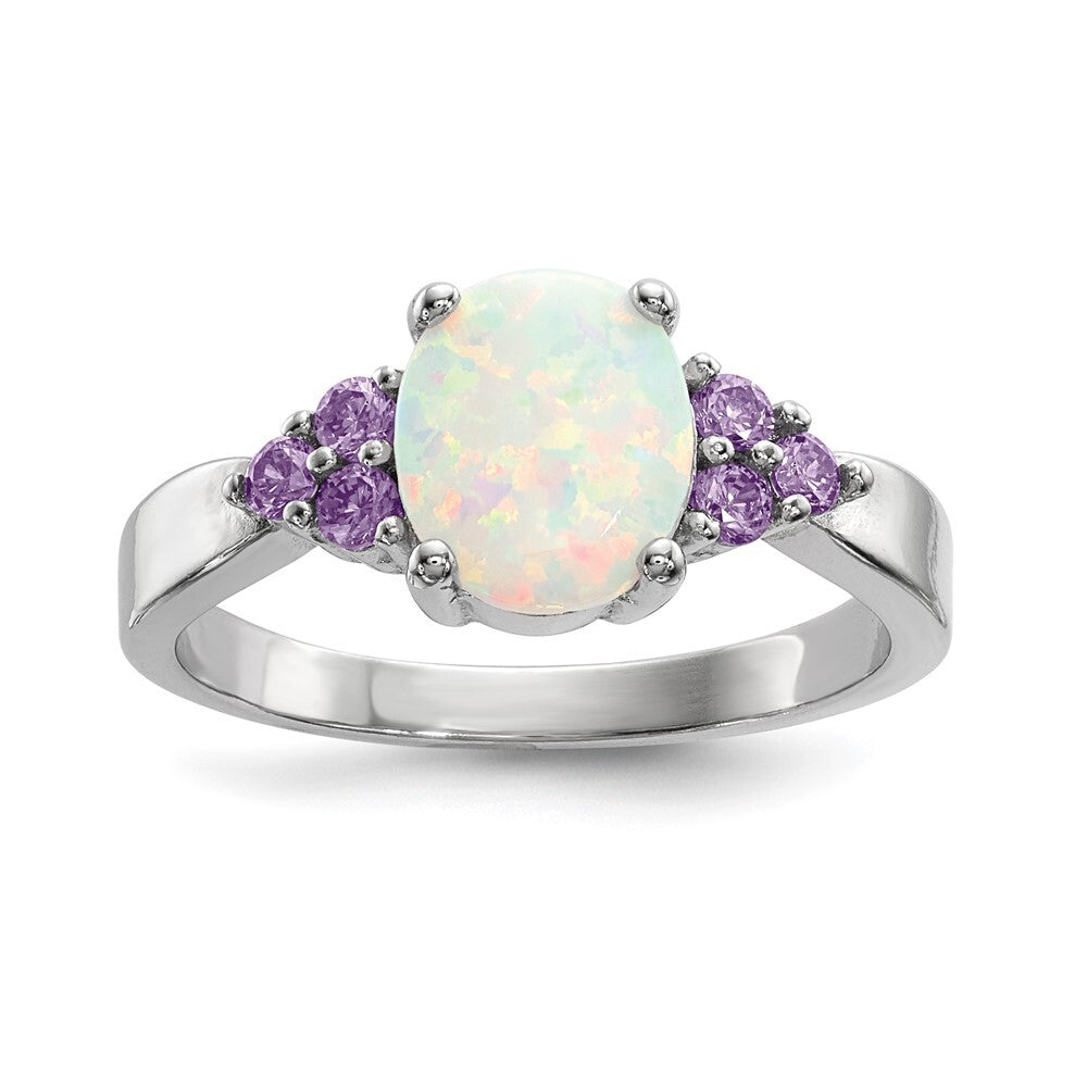 Sterling Silver Oval Created Opal w/Purple Cubic Zirconia Ring SZ 7