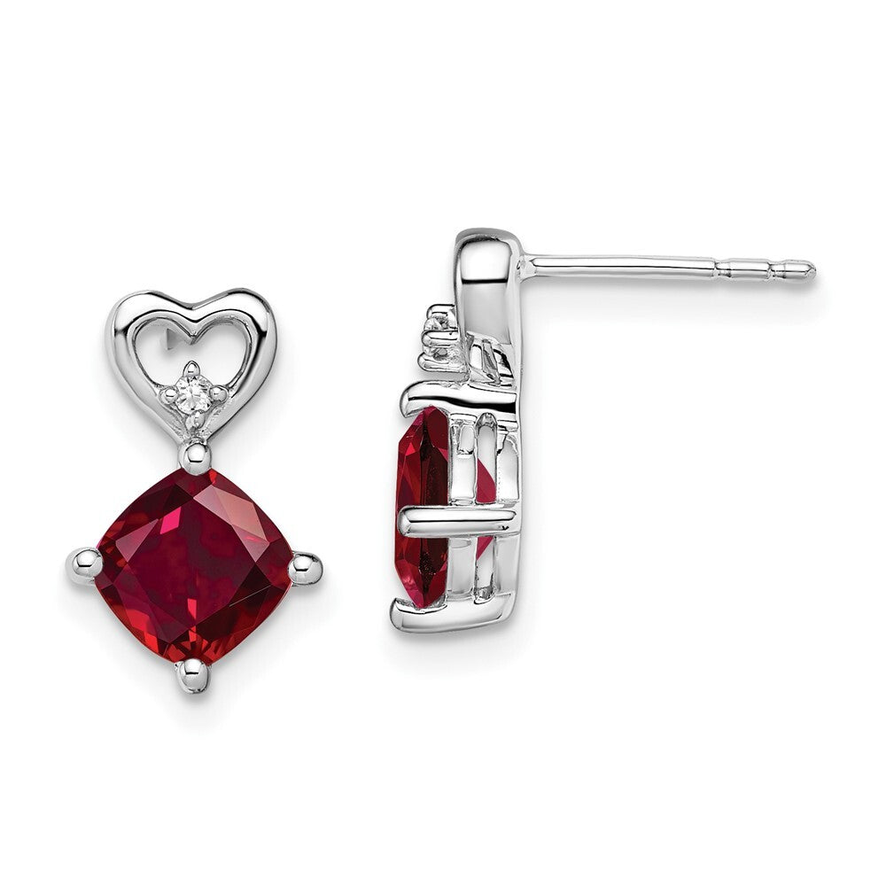 14k White Gold Created Ruby and Diamond Heart Drop & Dangle Earrings