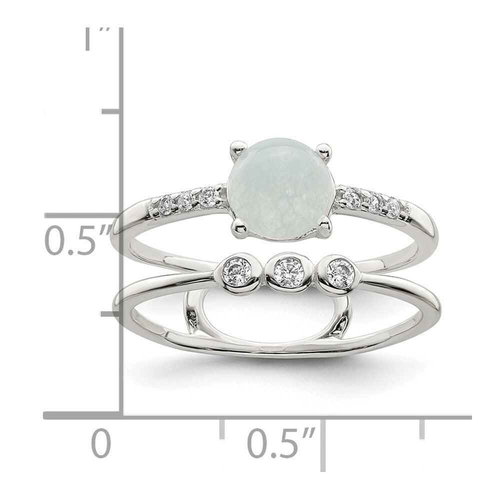 Sterling Silver Polished CZ and Light Blue Quartzite Double Ring Size 6