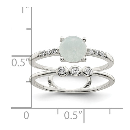 Sterling Silver Polished CZ and Light Blue Quartzite Double Ring Size 6