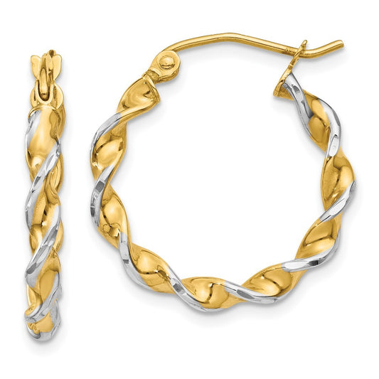 14k Yellow Gold w/ White Rhodium Polished 2.75mm Fancy Twisted Hoop Earrings