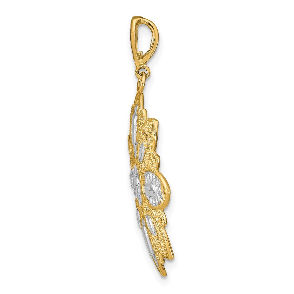 14k Yellow Gold Rhodium Diamond-Cut and Filigree Flower Charm Pendant for Women