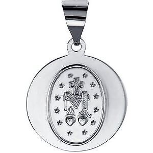 14k White Gold 18 mm Hollow Round Miraculous Medal Pendant