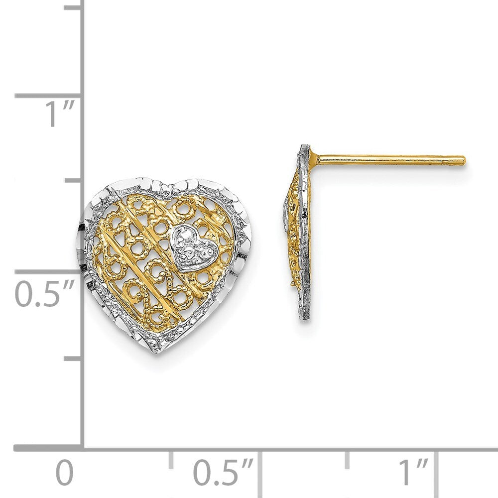 14k Yellow Gold RH Filigree Heart Stud Earrings Gift for Women