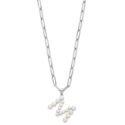 Sterling Silver 3-5.5mm White Button Cultured Pearl LETTER M Necklace 18"