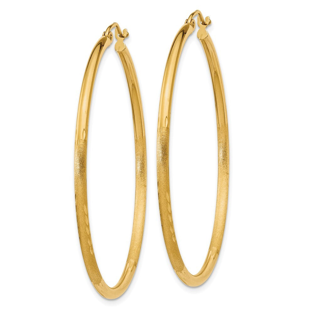 14k Yellow Gold Satin and Diamond-cut 2mm Round Tube Hoop Earrings