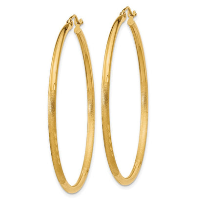14k Yellow Gold Satin and Diamond-cut 2mm Round Tube Hoop Earrings
