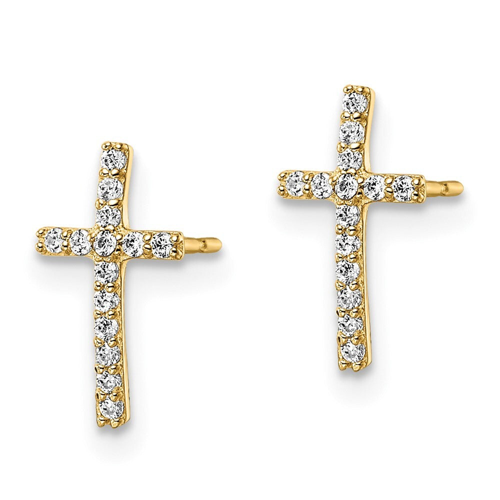 14k Yellow Gold Cubic Zirconia Cross Stud Earrings Gift for Women