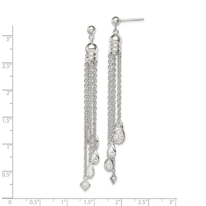Sterling Silver RH-plated Polished CZ & Multi-Chain Dangle Earrings