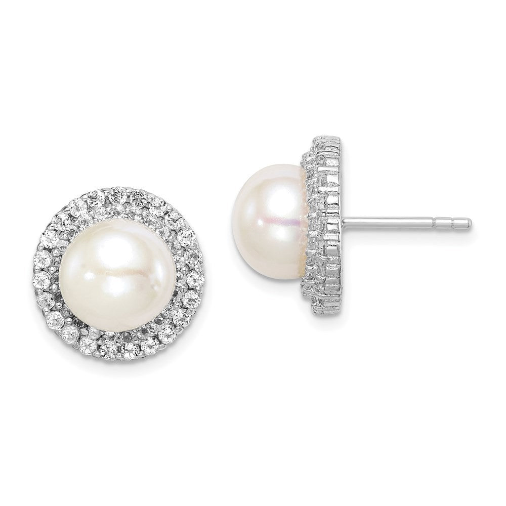 Sterling Silver 8-9mm White Button Cultured Pearl and CZ Post Earrings
