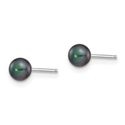 14k White Gold 4-5mm Black Round Freshwater Cultured Pearl Stud Earrings