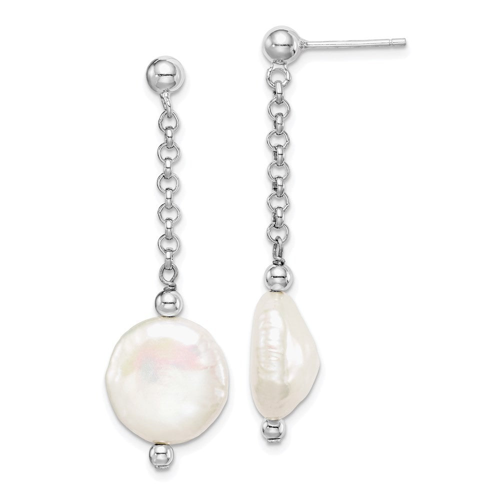 Sterling Silver 12-13mm Coin Freshwater Cultured Pearl Dangle Earrings
