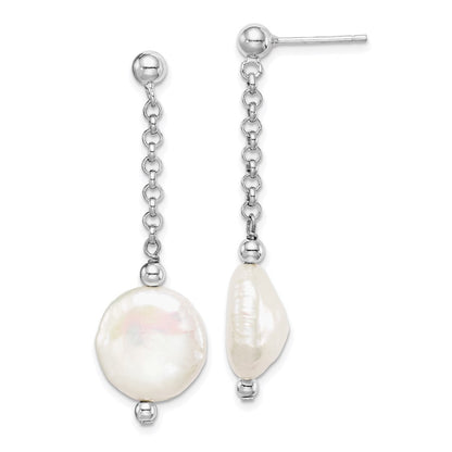Sterling Silver 12-13mm Coin Freshwater Cultured Pearl Dangle Earrings