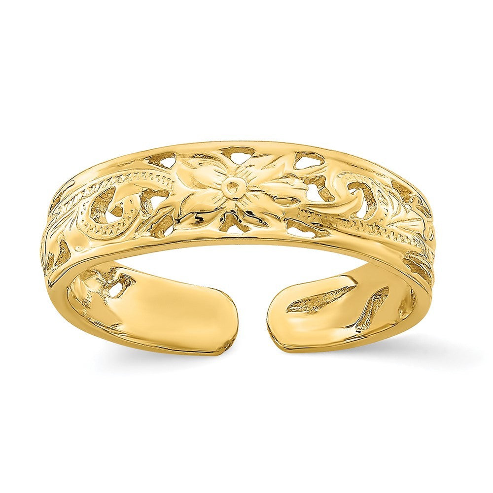 14k Yellow Gold Adjustable Flower w/ Leaf Trim Toe Ring