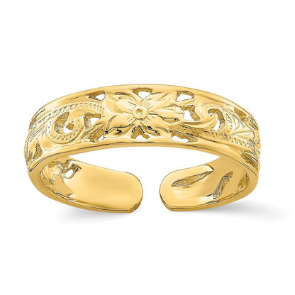 14k Yellow Gold Adjustable Flower w/ Leaf Trim Toe Ring