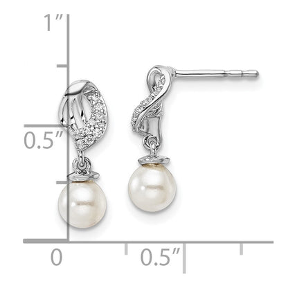 14K White Gold Polished Diamond and Pearl Dangle Earrings