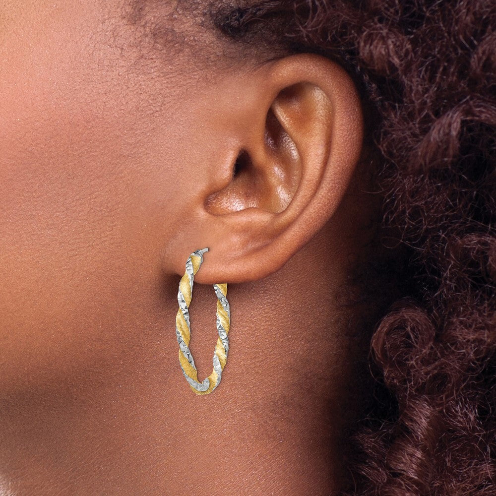 14k White Gold & Yellow Rhodium Twisted Diamond-Cut Oval Hoop Earrings