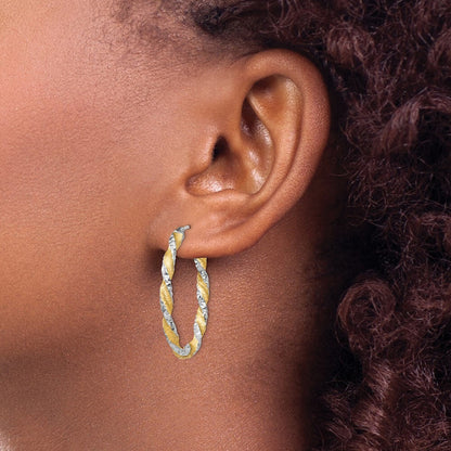 14k White Gold & Yellow Rhodium Twisted Diamond-Cut Oval Hoop Earrings