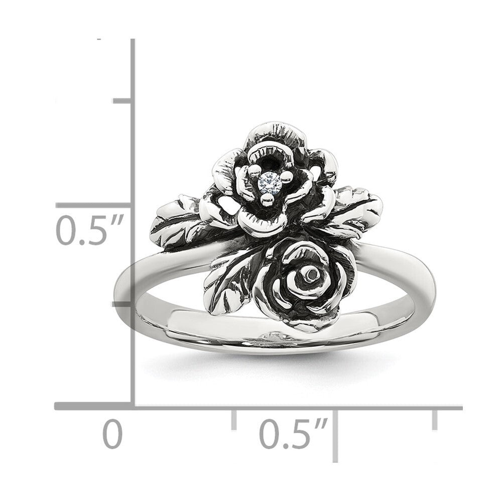 Sterling Silver Antiqued Polished Cubic Zirconia Flower Ring Size 7