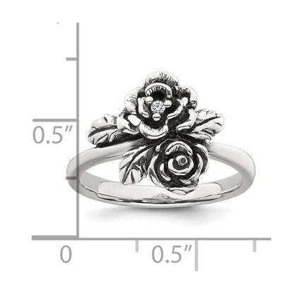 Sterling Silver Antiqued Polished Cubic Zirconia Flower Ring Size 7