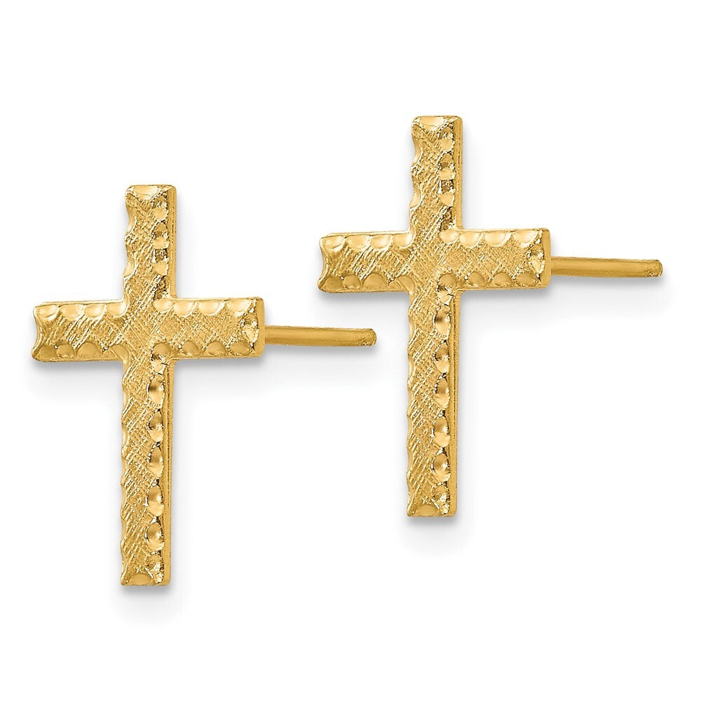 14k Yellow Gold Brushed Finish Cross Stud Earrings Gift for Women