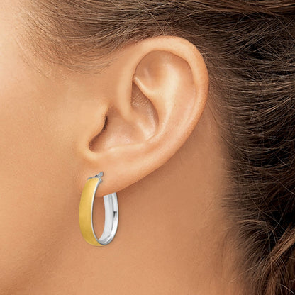 14k Yellow Gold and White Rhodium 4.85x18.5mm Satin and  Teardrop Hoop Earrings
