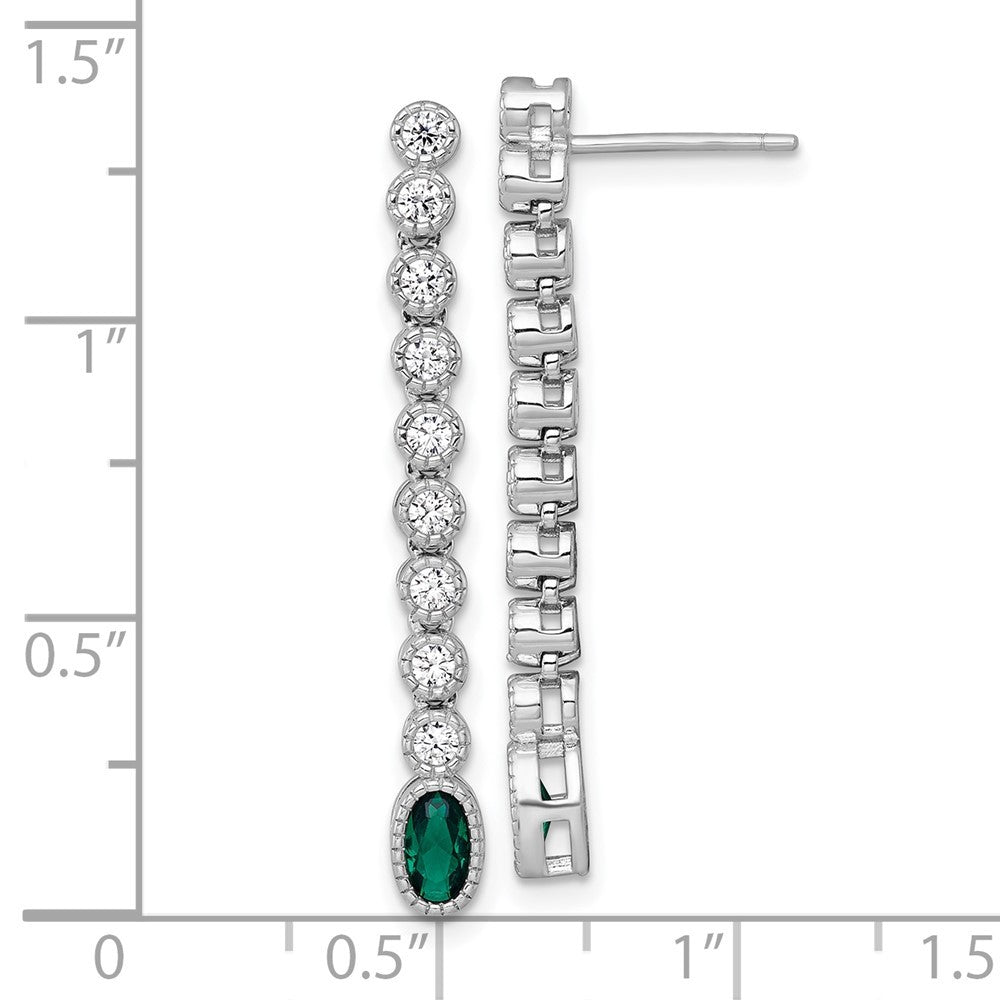 Sterling Silver Polished and Beaded Oval Green and Round CZ Dangle Earrings