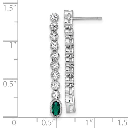 Sterling Silver Polished and Beaded Oval Green and Round CZ Dangle Earrings