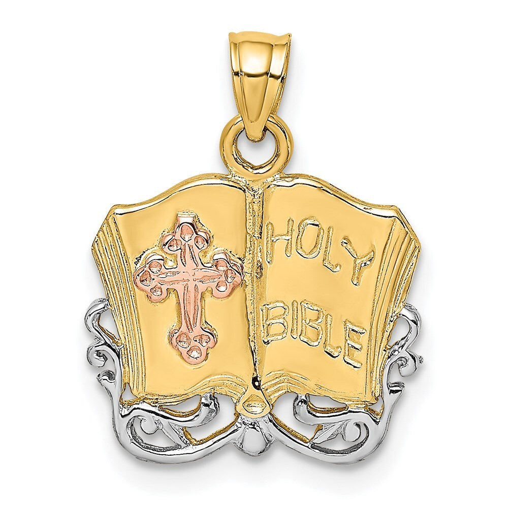 14k Two-tone Gold White Rhodium Holy Bible Cross Charm Pendant