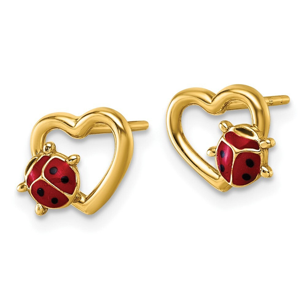 14k Yellow Gold Polished Enameled Lady Bug on Heart Stud Earrings