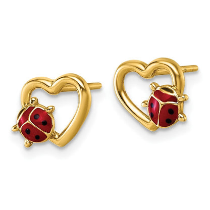 14k Yellow Gold Polished Enameled Lady Bug on Heart Stud Earrings