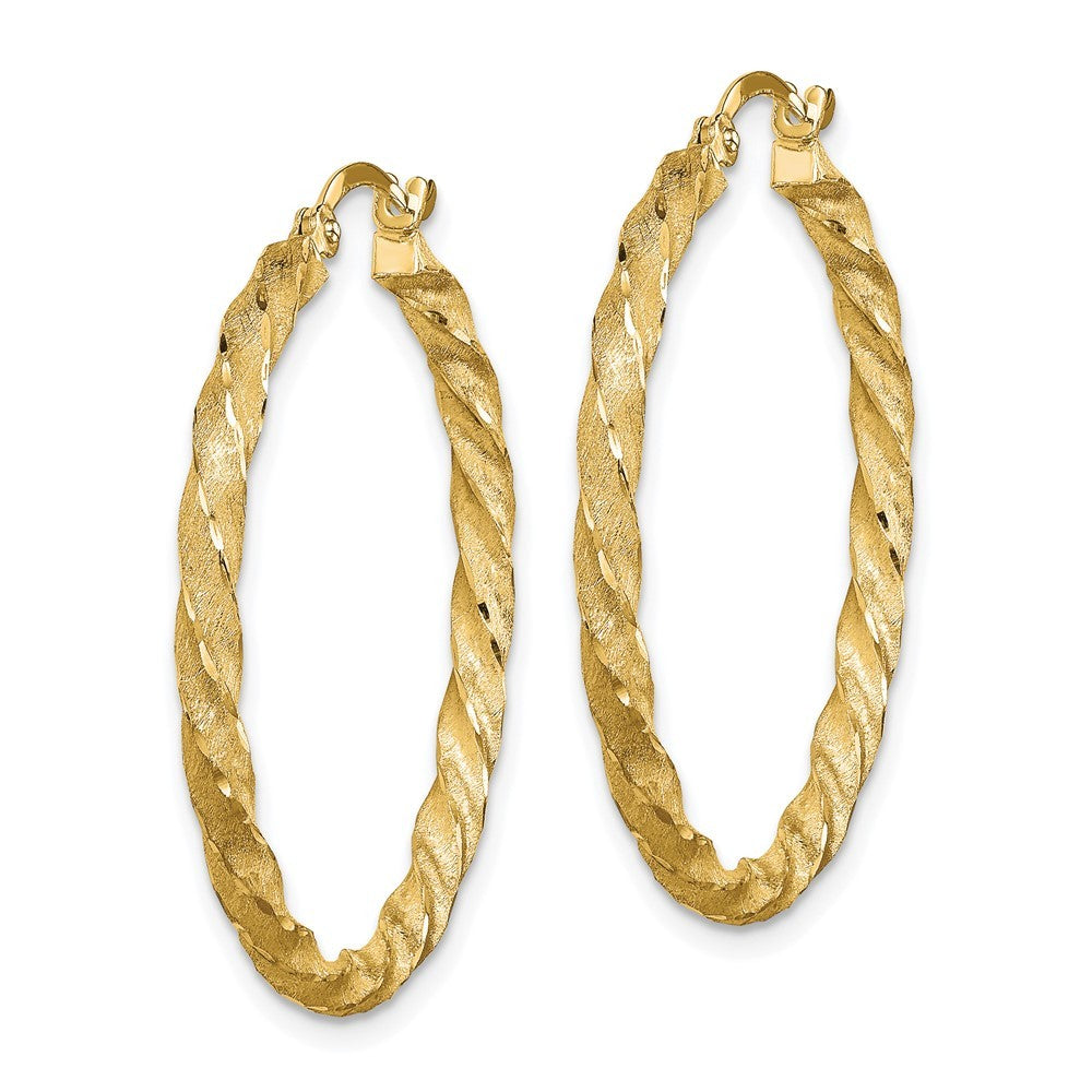 14k Yellow Gold Twisted Satin Diamond-Cut Hoop Earrings