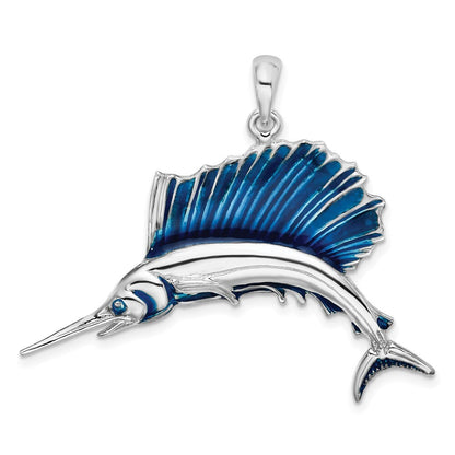 Sterling Silver Rhodium-Plated Polished Enameled Sailfish Pendant