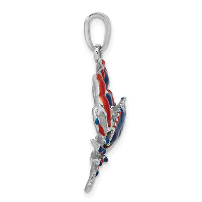 Sterling Silver Rhodium-Plated Polished Enameled Blue Stone Crab Pendant