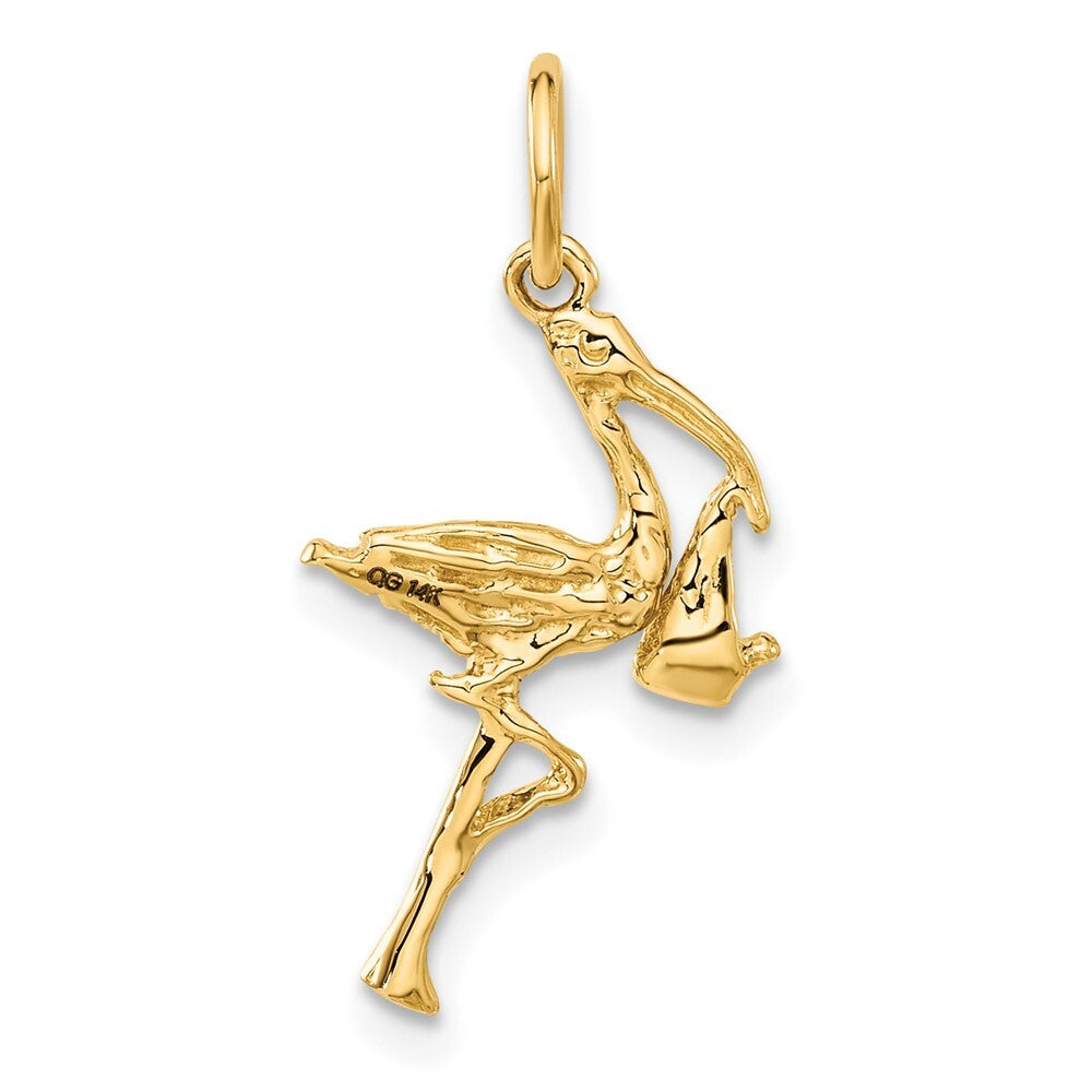 14k Yellow Gold Solid 3-Dimensional Stork Charm Pendant for Women