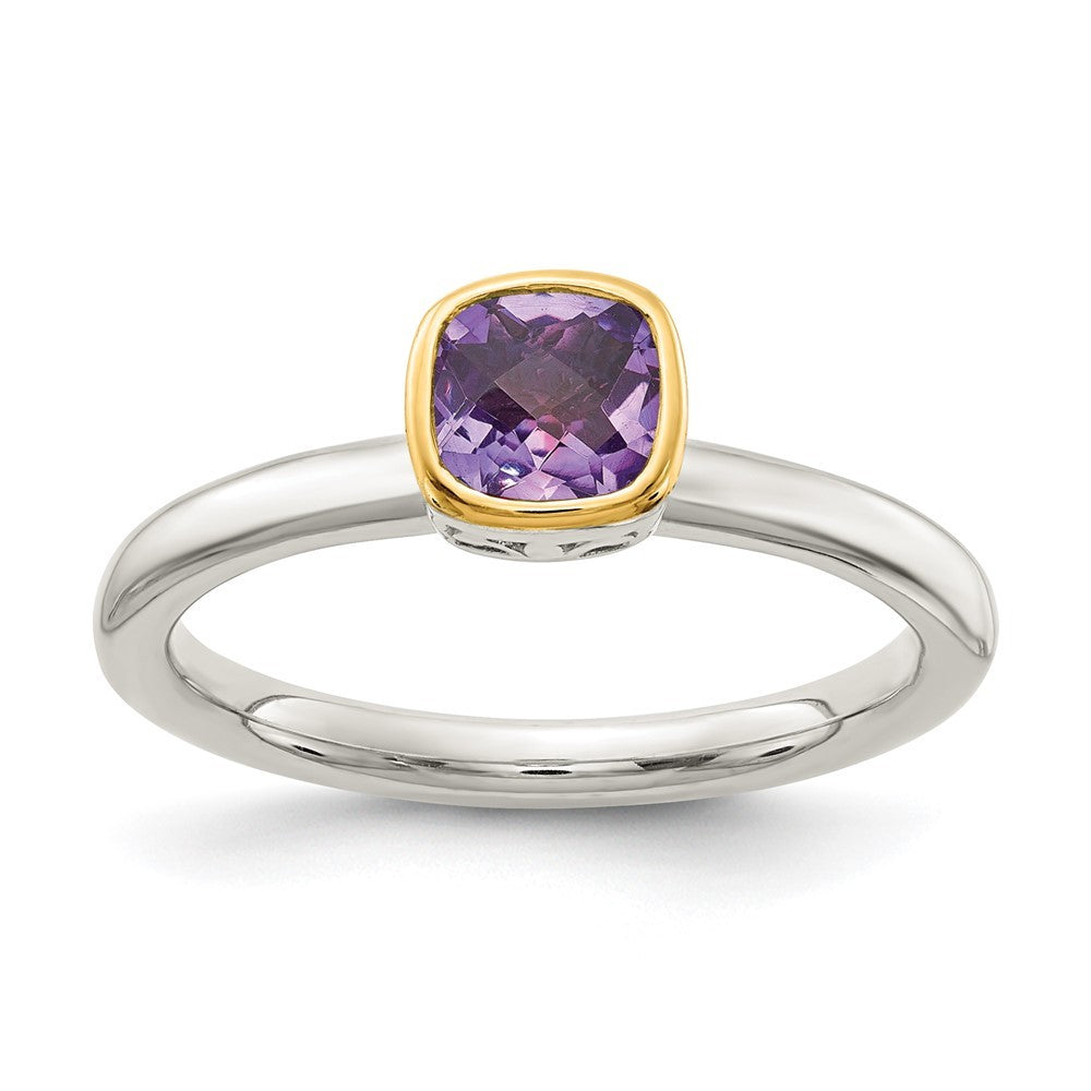 Sterling Silver Rhodium-plated with 14K Accent  Cushion-cut Amethyst Ring